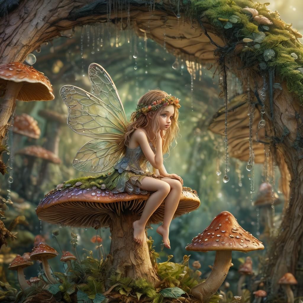 Macro Fairy on Mushroom with Dew Drops