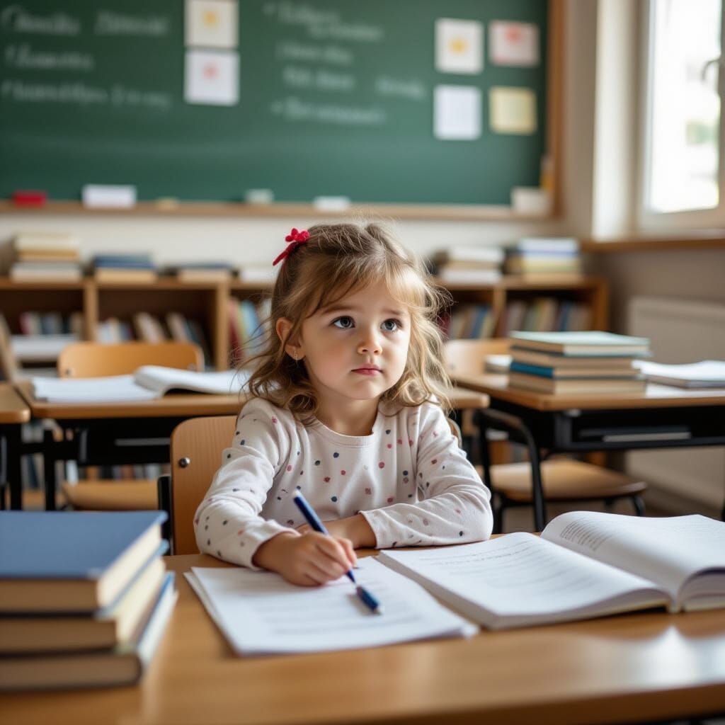 Girl Stares at Books in Classroom, Digital Art