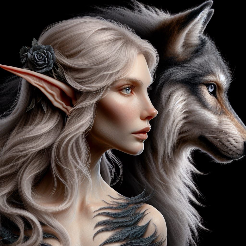 Hyper realistic beautiful female elf and her dire wolf