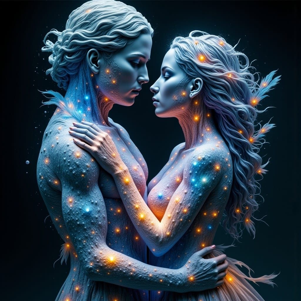 Cosmic Couple Embracing in Stardust, Surreal 3D Art