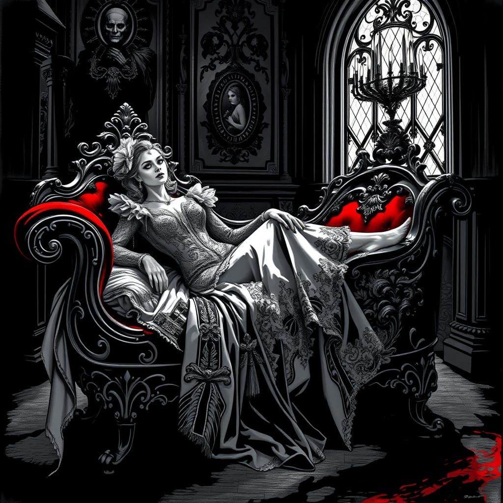 Elegantly Dressed Woman in Gothic-Inspired Setting