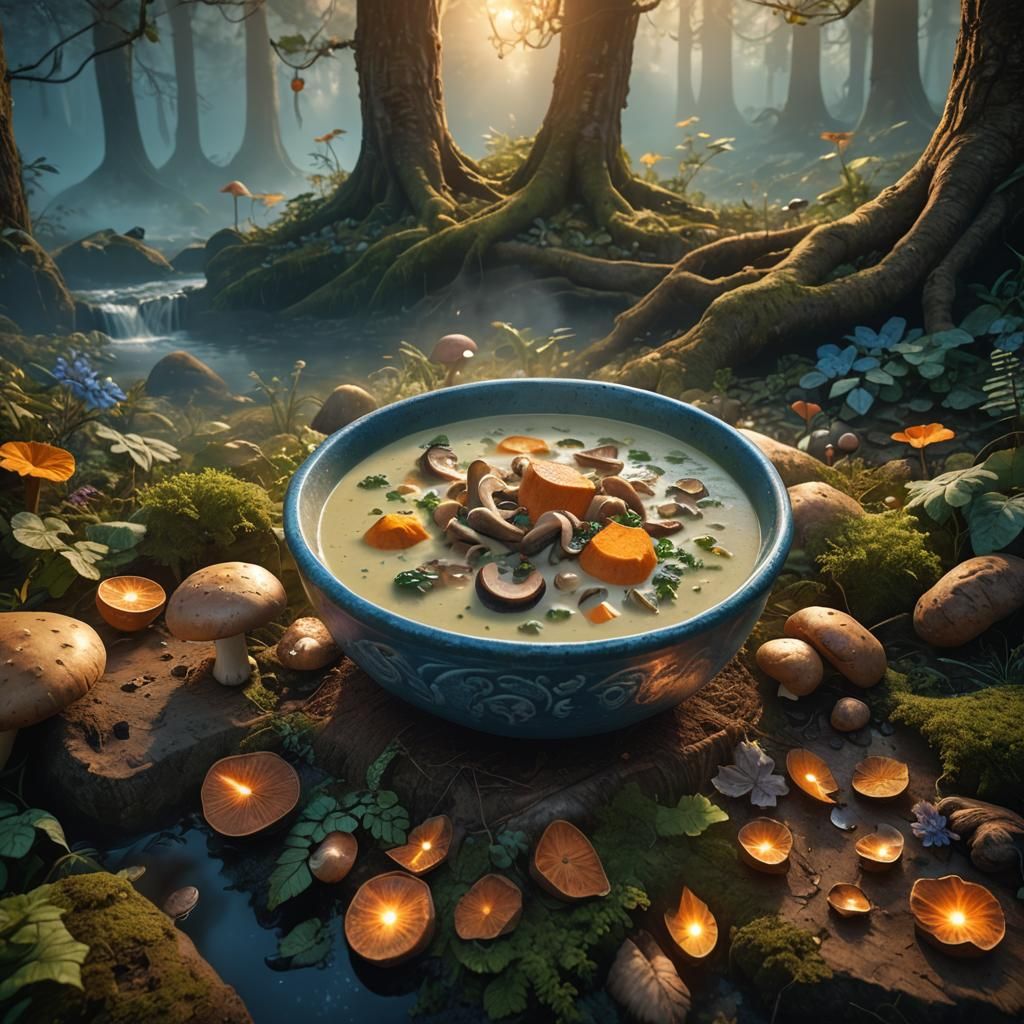 Creamy Mushroom Soup in Enchanted Forest, Digital Art