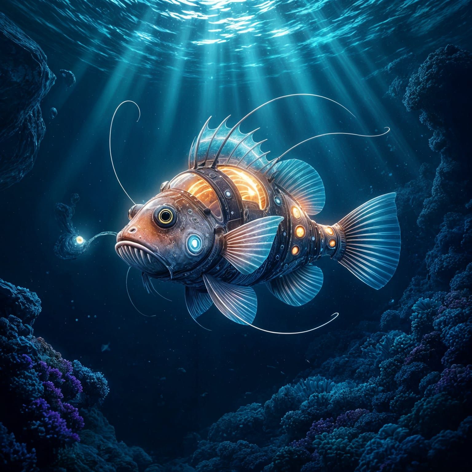 Bioluminescent Anglerfish Drifting in Deep-Sea Trench