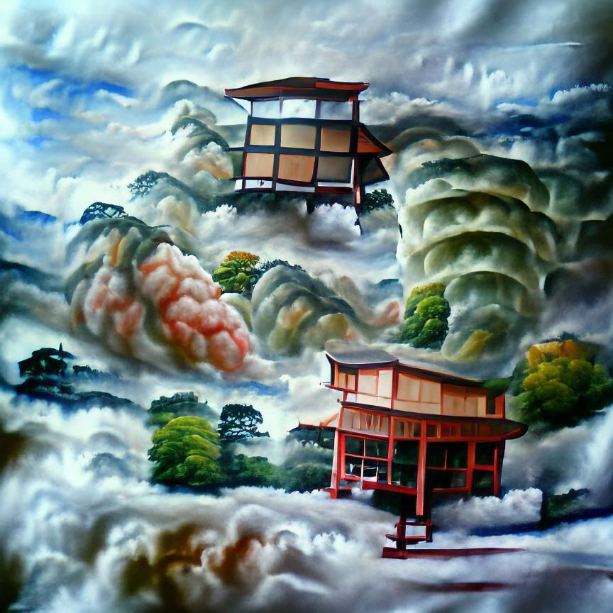 Japanese Tea House in the Clouds: Oil Painting