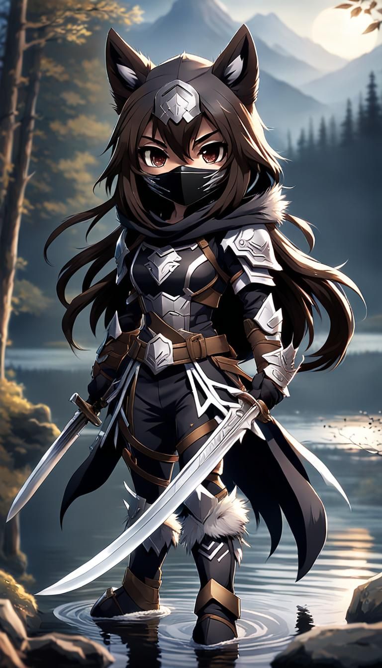 Chibi Wolf Girl Warrior at the Lake