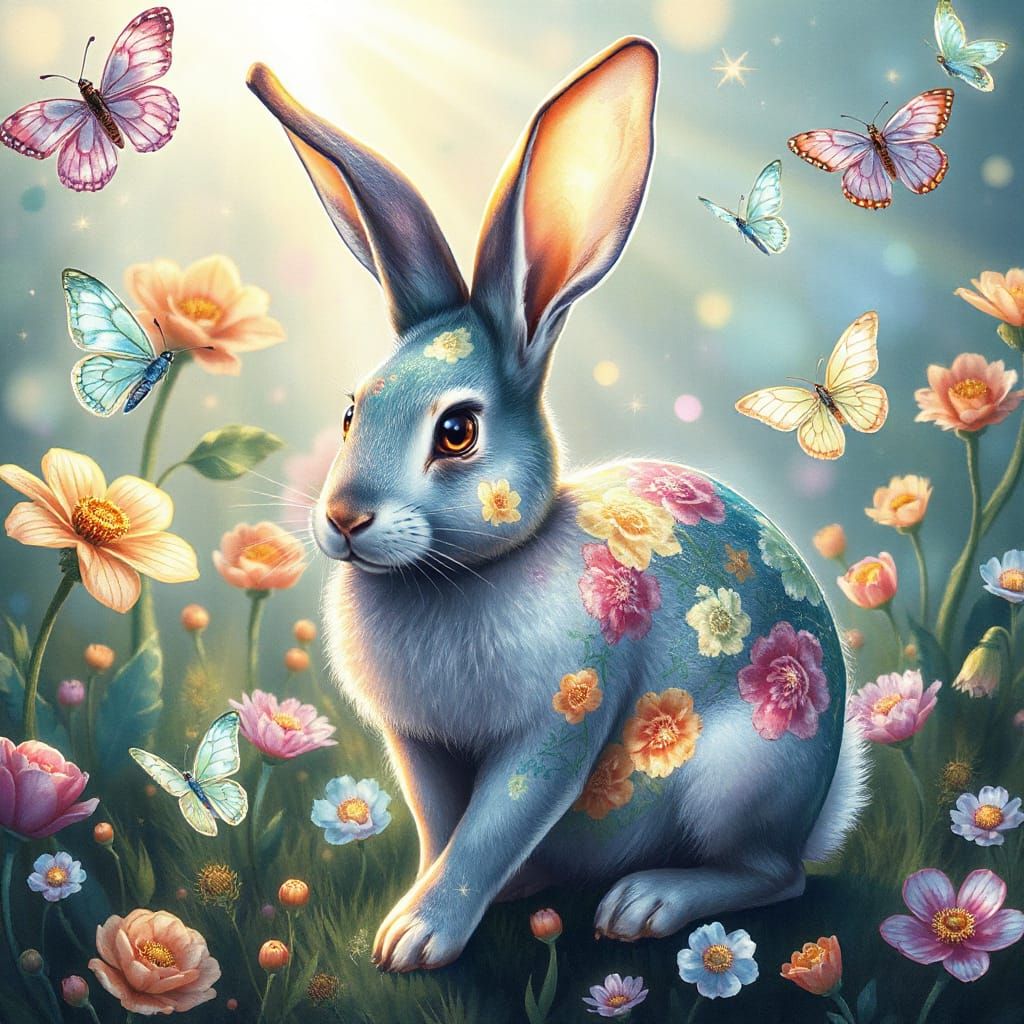 Enchanted Rabbit with Floral Fur in a Magical Meadow