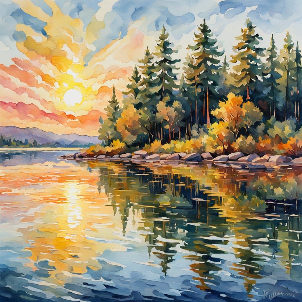 Impressionist Lakeshore Reflection in Vibrant Gouache