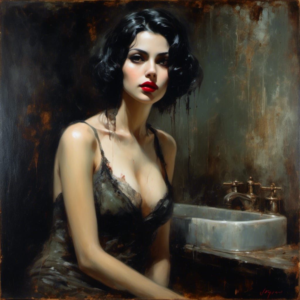 Gothic Noir Portrait of Syrian Woman in Oil Painting