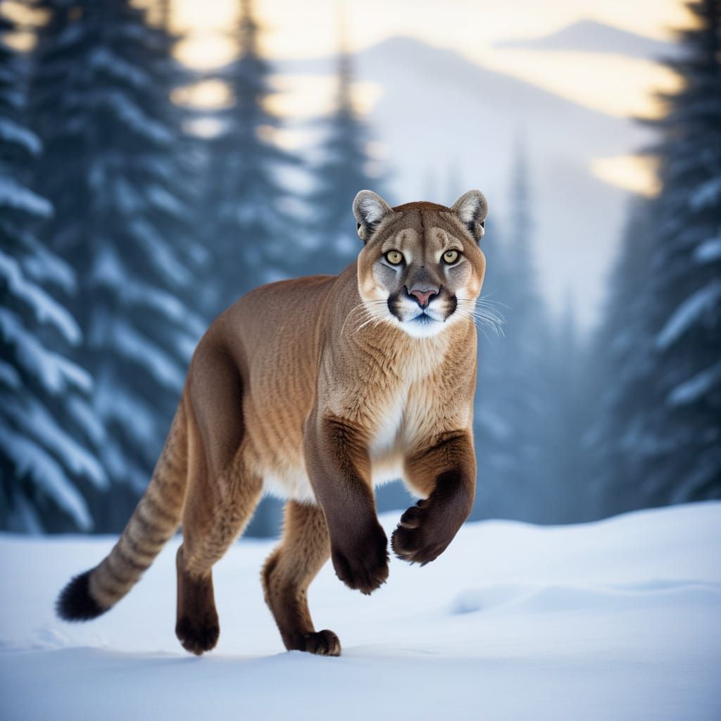 Wild Puma Takes Flight in Winter Wonderland