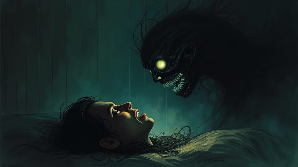Terrified Man Confronts Ghost in Dark, Surrealistic Scene