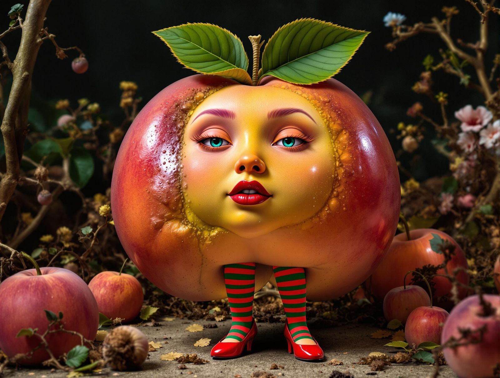 Surreal Peach Creature in Style of Hieronimus Bosch