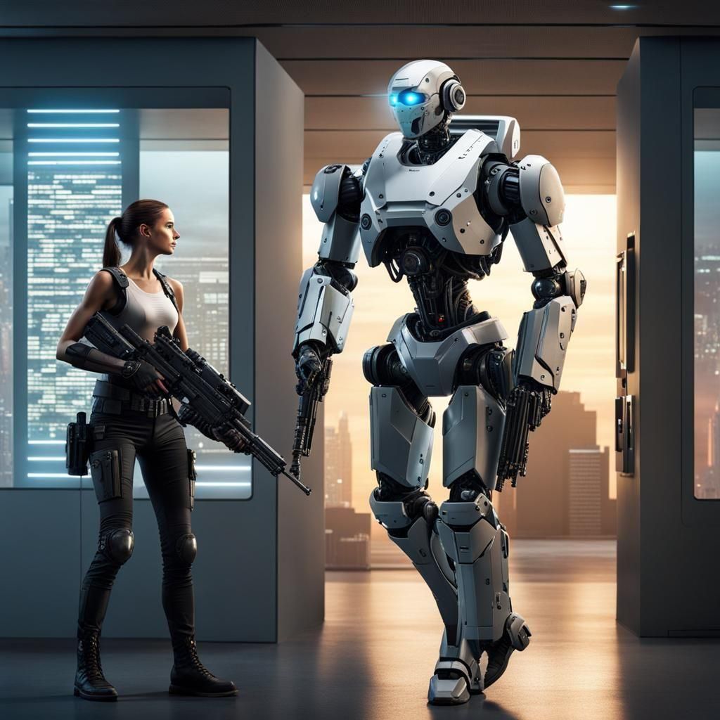 Cyborg Mercenary Walks Through Office Lobby