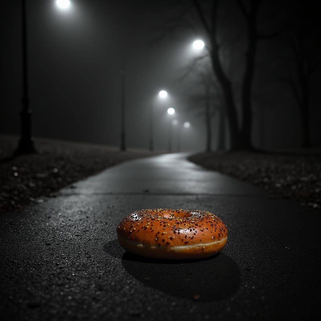 Vibrant Everything Bagel Under Harsh Streetlights at Night