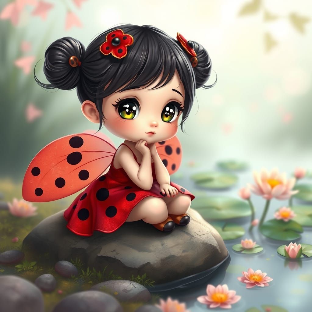 Cute Ladybug Fairy Girl in Pastel Fantasy Art