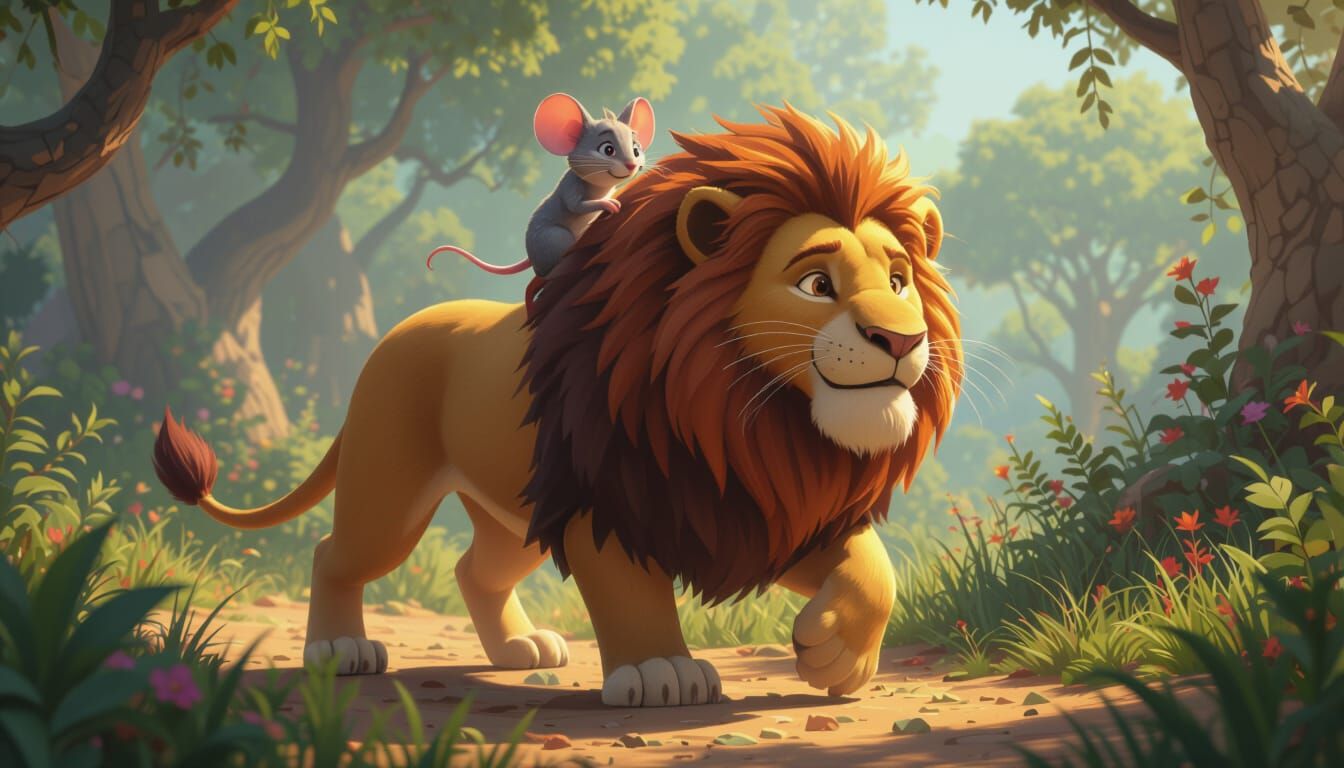 Brave Mouse Rides Lion in Vibrant 3D Art