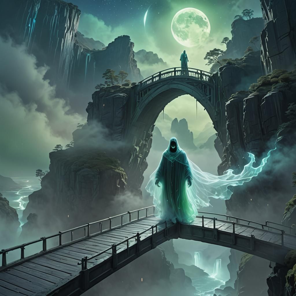 Ethereal Figure Floating Across Misty Bridge: Digital Art