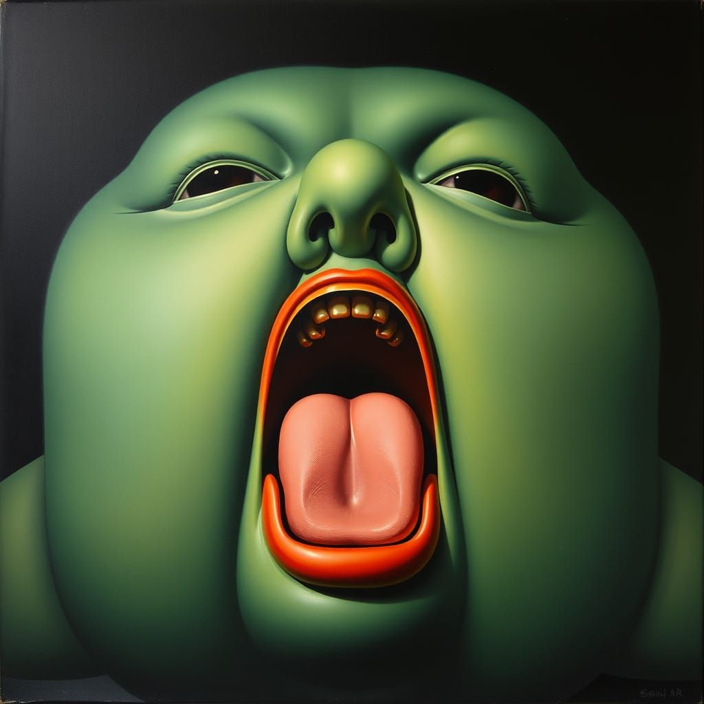 Surreal Face in Botero Style, Oil on Canvas