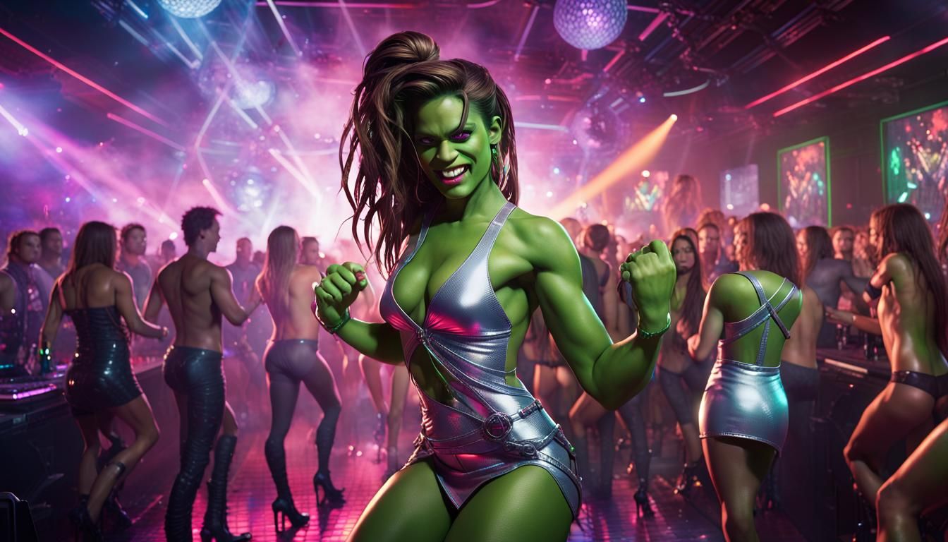 She-Hulk Dancing in a Nightclub with Disco Lights