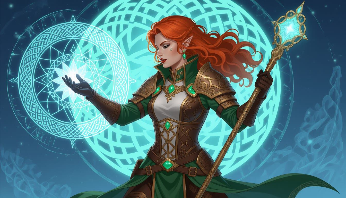 Red-haired sorceress cast ice spell