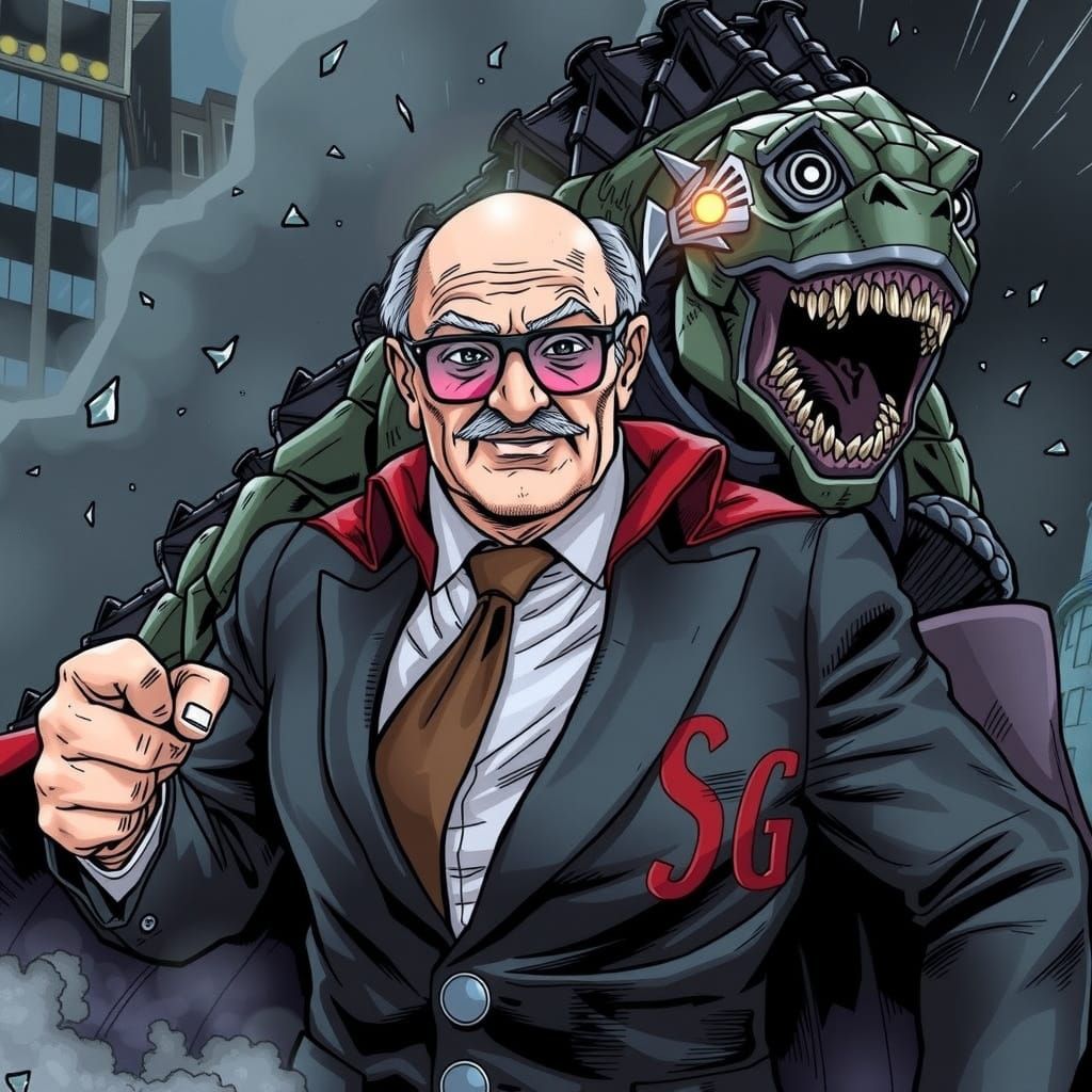 SuperGrandpa, a balding eightyish gentleman in a cape and the initials "SG" on his suit,  saving a city from Godzilla.