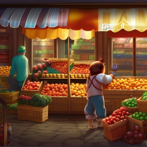 Teddy Bear Buys Fruit in French Market