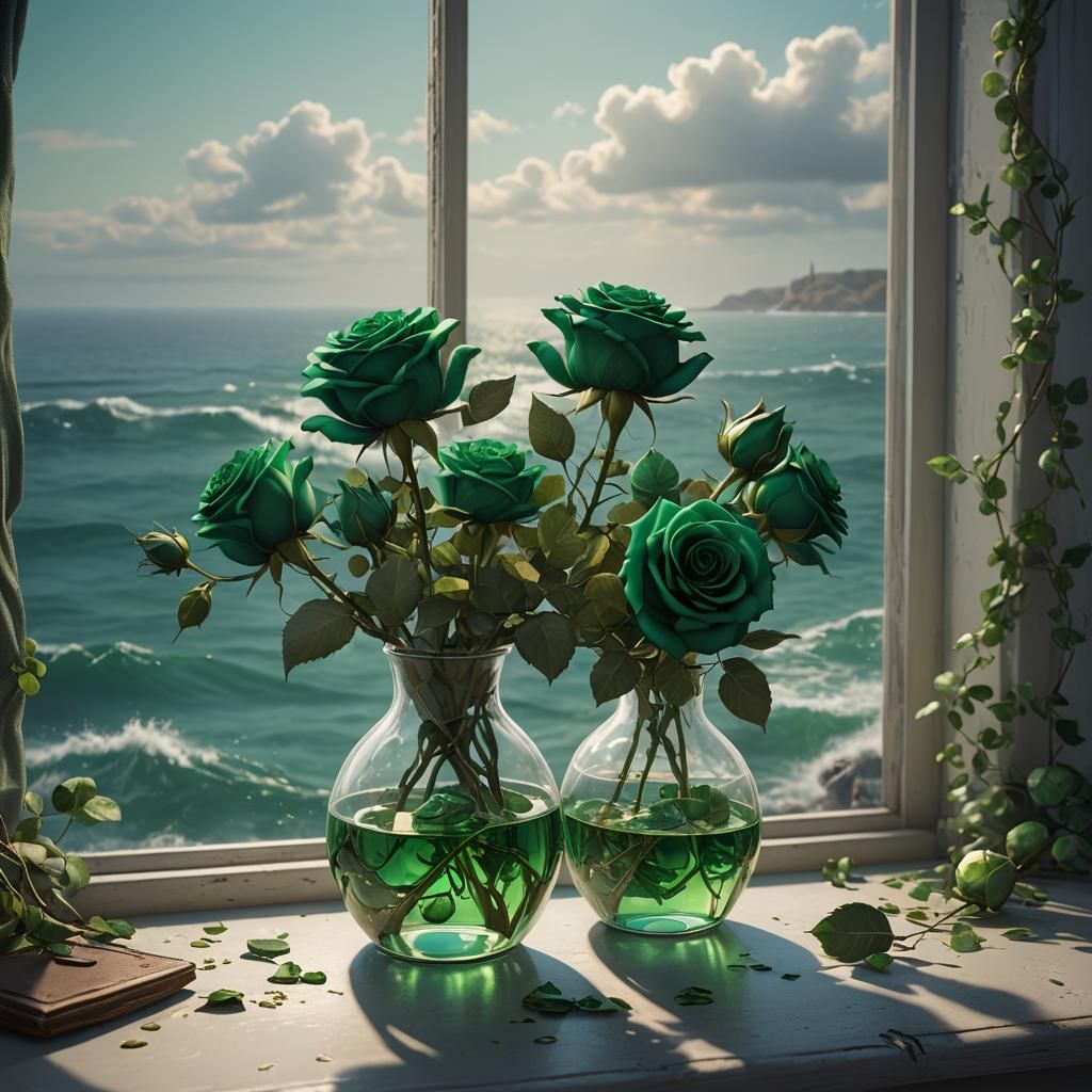 Green Roses Overlooking Sea: Detailed Matte Painting