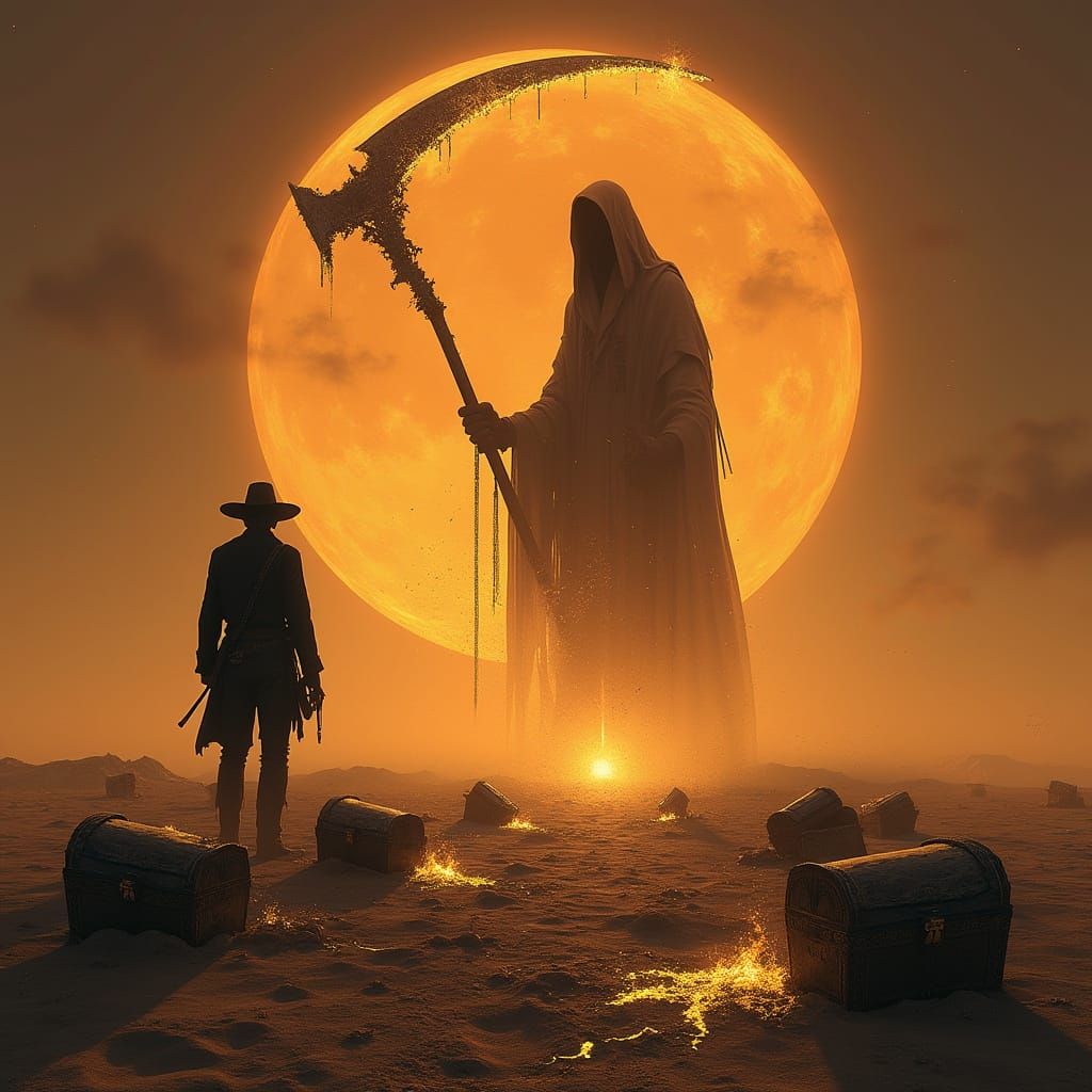 Cowboy vs Reaper in Desert Sunset: Gothic Surrealism