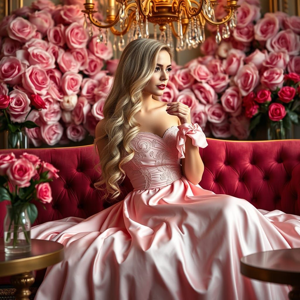 Elegant Blonde Woman in Opulent Pink Gown, Velvet Sofa, and ...