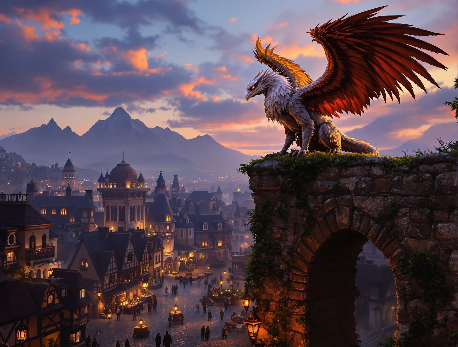Majestic Griffin Over Medieval Town at Dusk