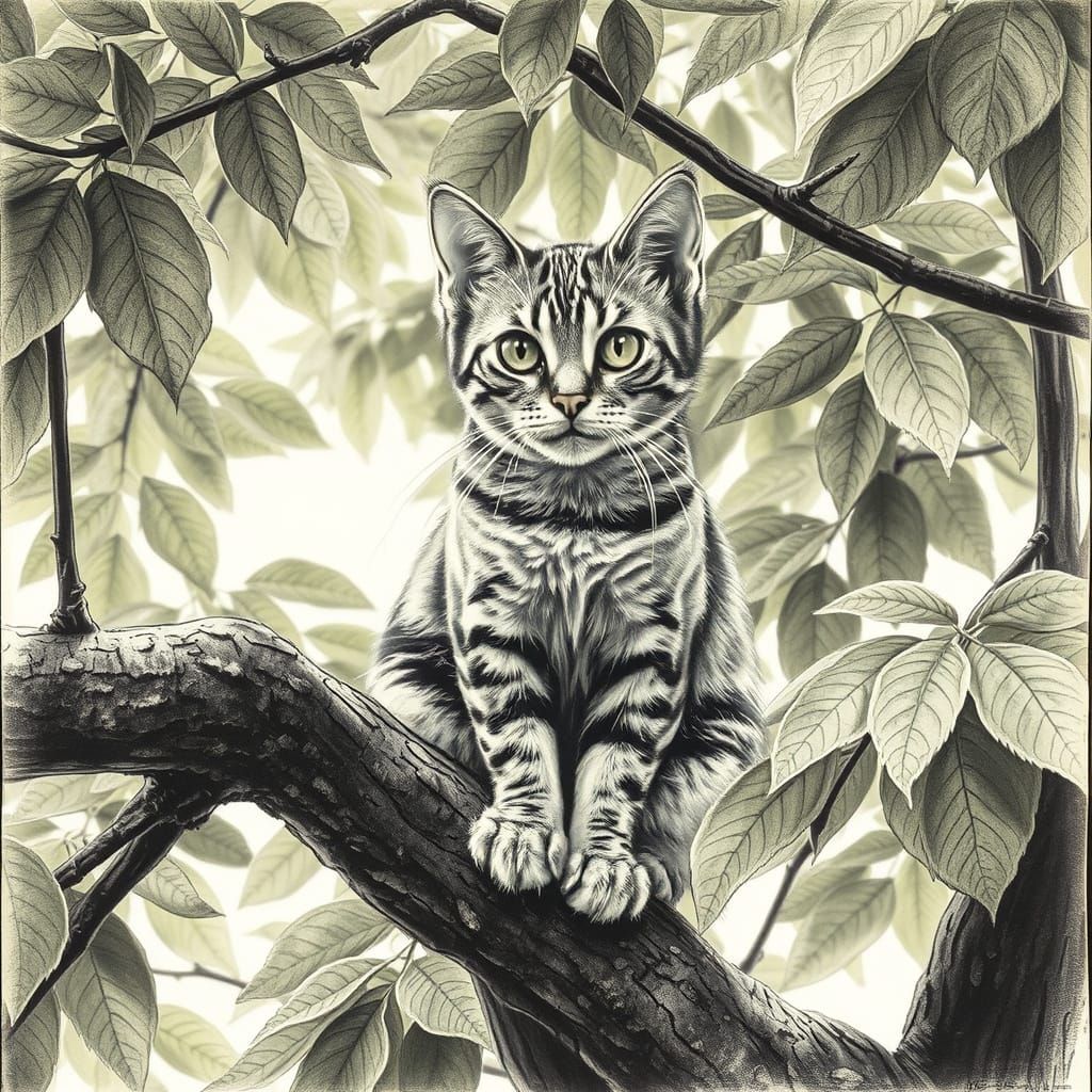 Cat Observes from a Tree Branch in Charcoal Drawing Style