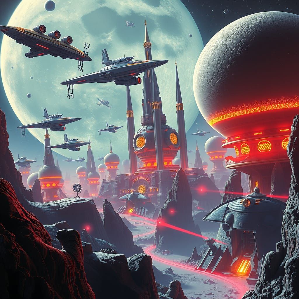 Futuristic Moon City Space Battle in Neon Style