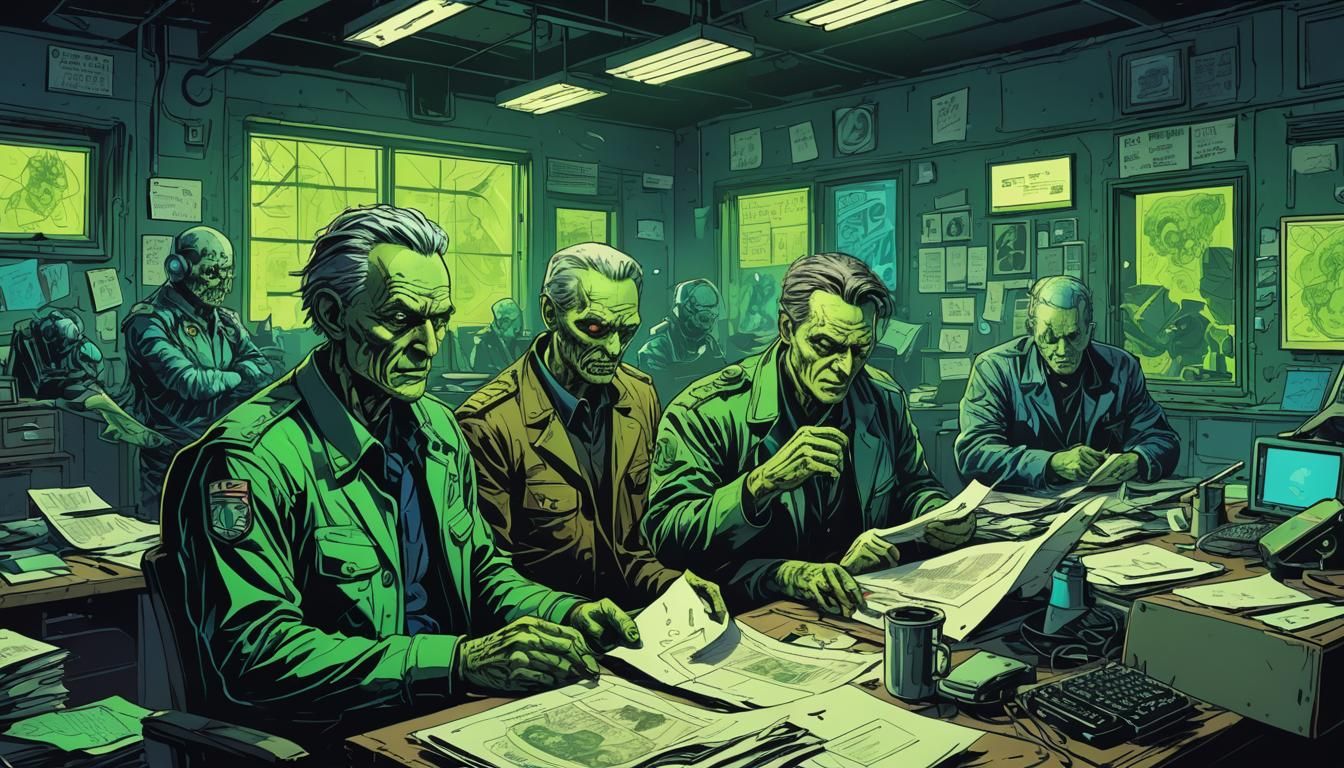 Dystopian Officials Devouring Documents in Comic Book Style