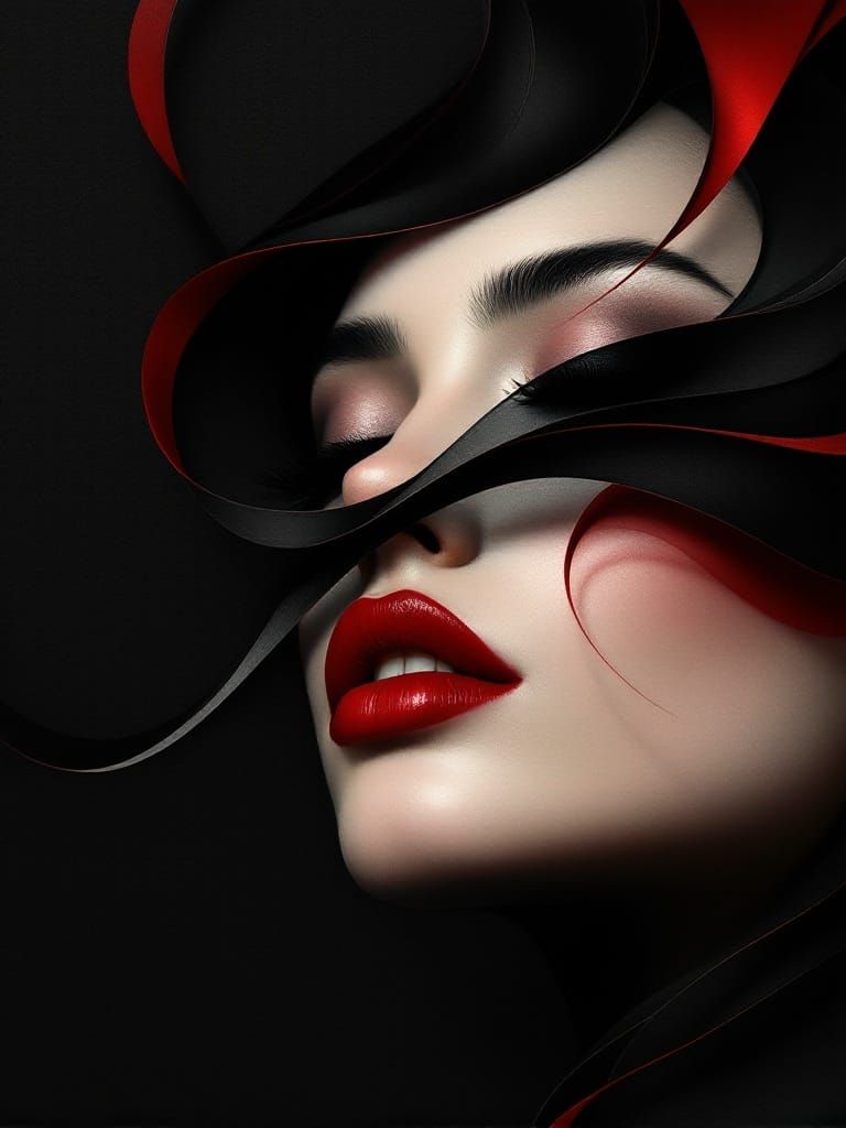 Abstract Surreal Portrait with Crimson and Black Accents