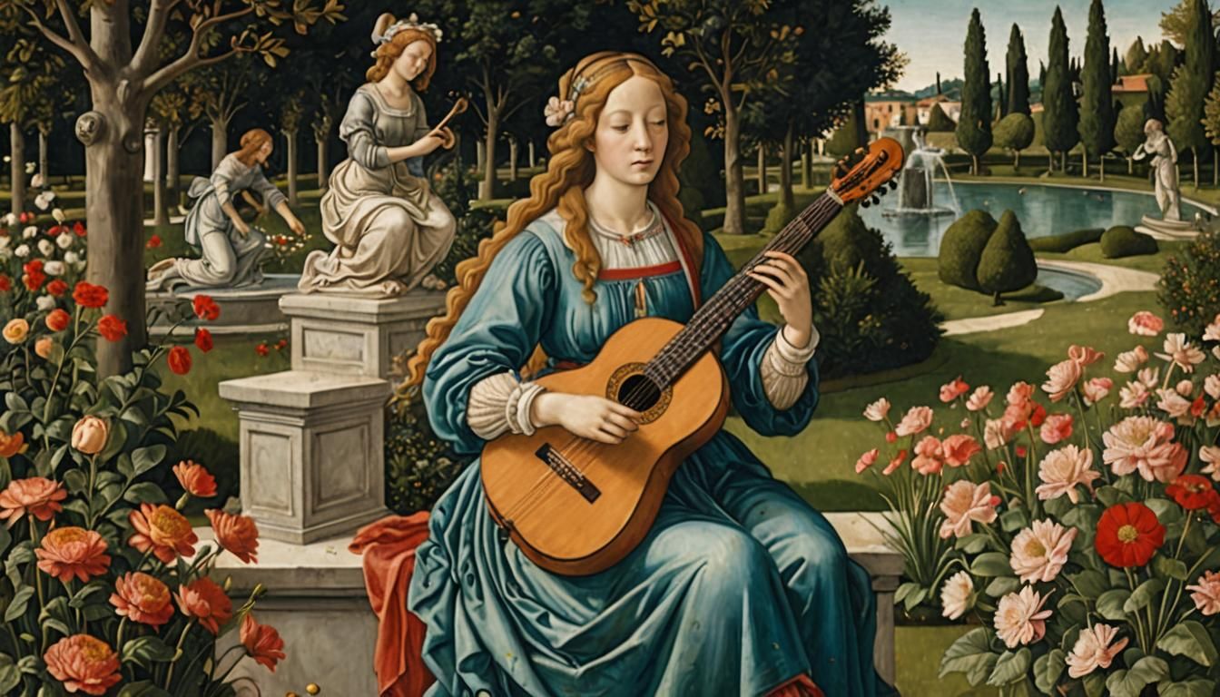 Botticelli Style Woman Playing Theorbo in Garden