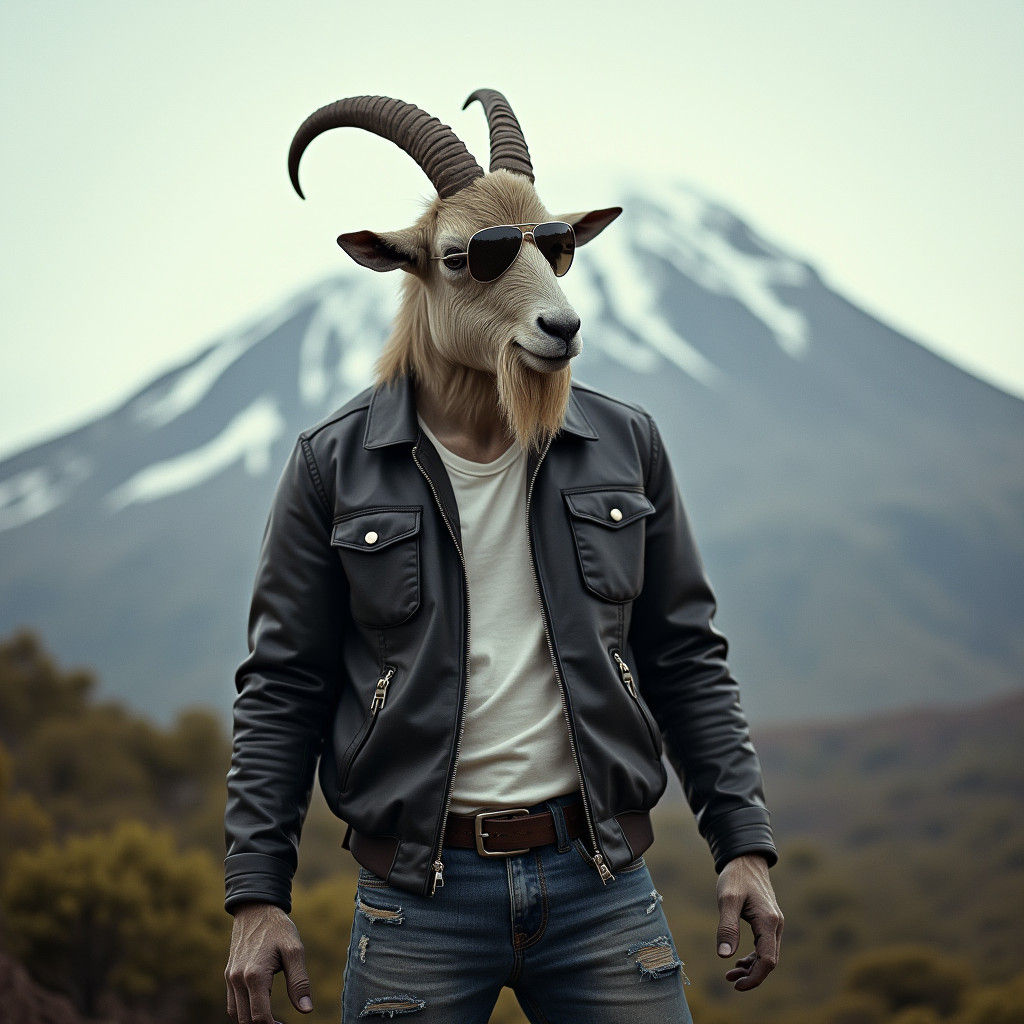 Confident Goat-Human Hybrid with Mt. Kilimanjaro Backdrop