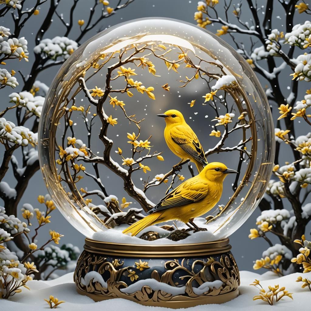 Yellow Bird in Snow Globe, Japanese Art Style