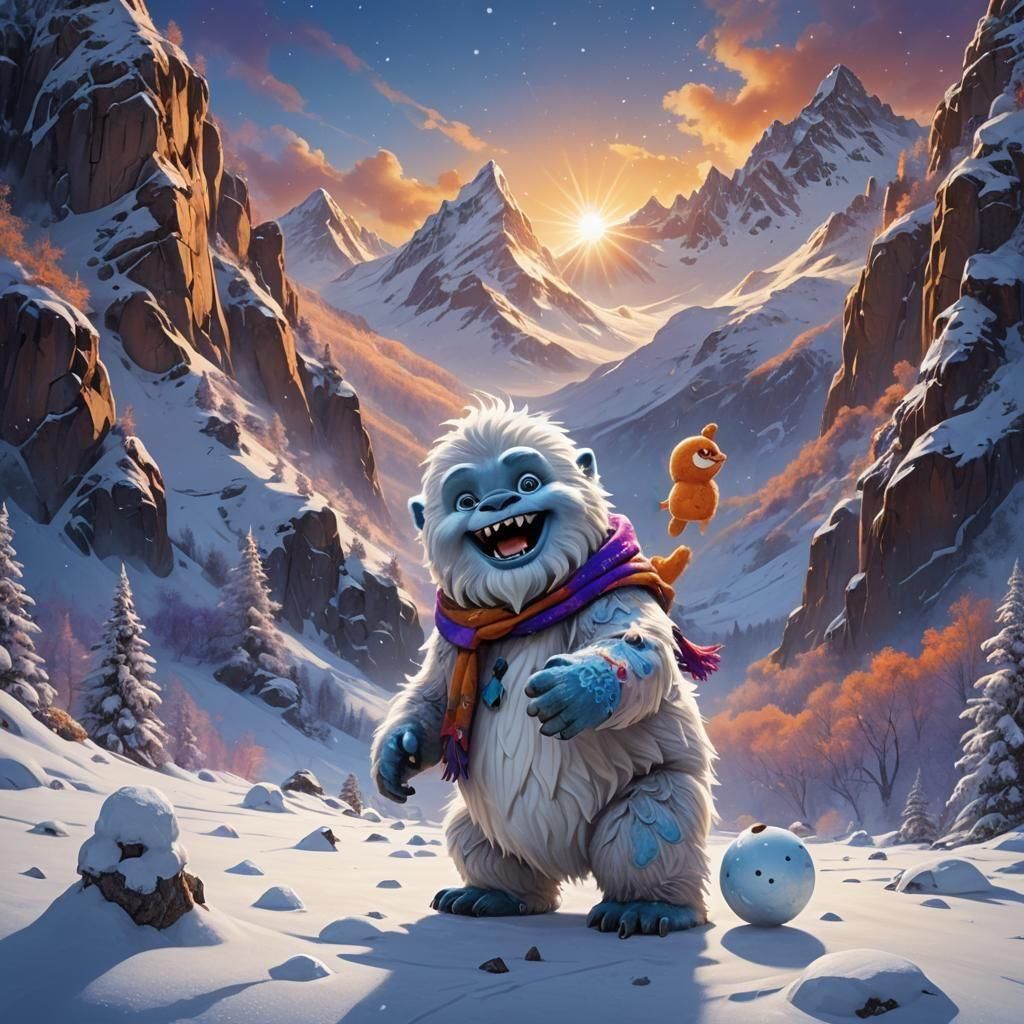 Baby Yeti Plays with Snowman in Mountains