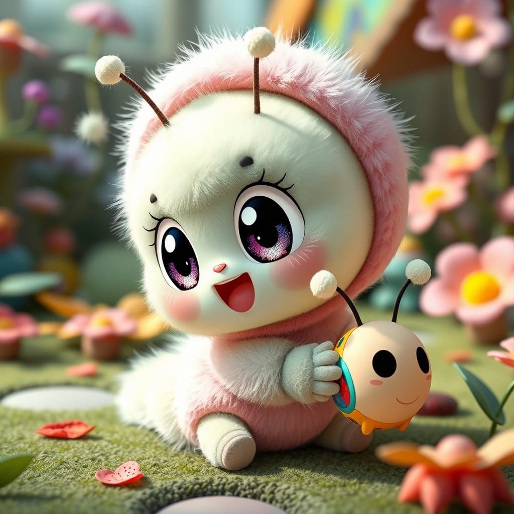 Kawaii Caterpillar in Whimsical Garden, Digital Art
