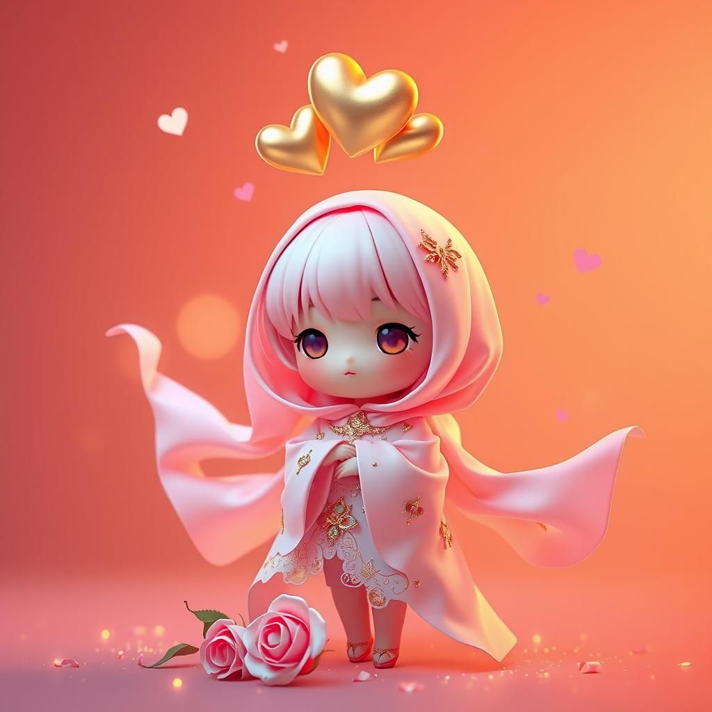 Elegant Chibi Figure in Pink and Gold, as 3D Rendering