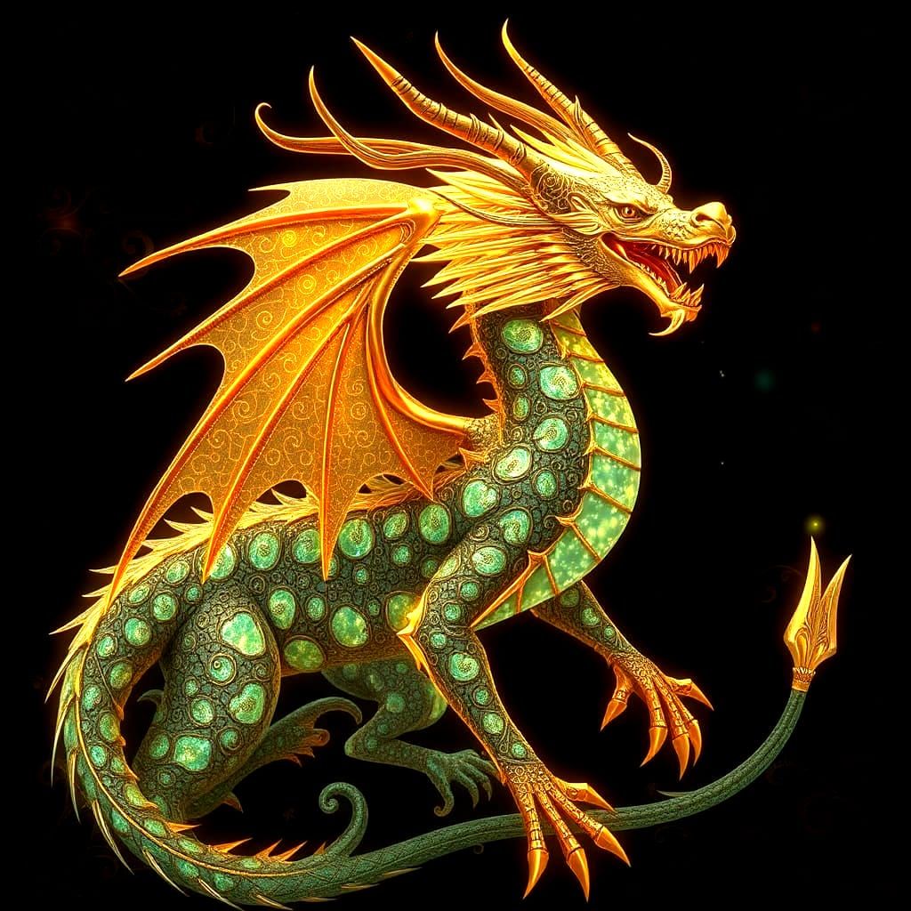 Bioluminescent Dragon with Bronze Filigree Design
