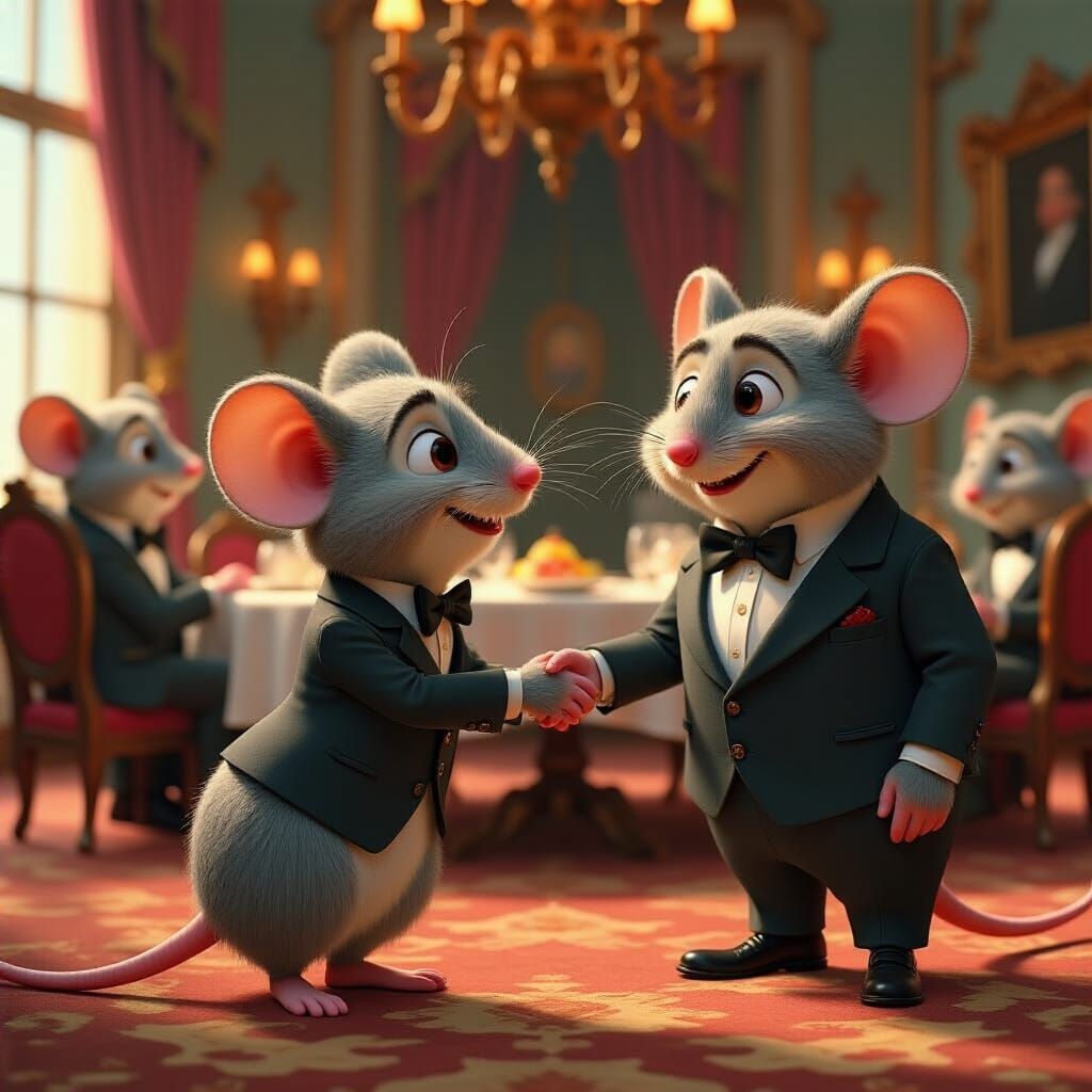 Shy Mouse Greets Grand Mice: Pixar-Inspired 3D Animation