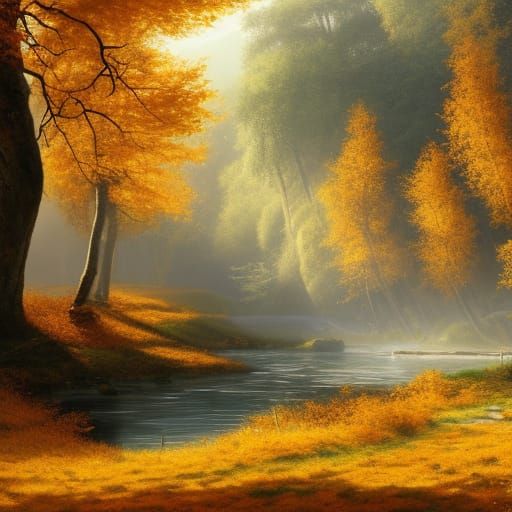 Golden Autumnal Forest Village, Hyperdetailed Digital Art