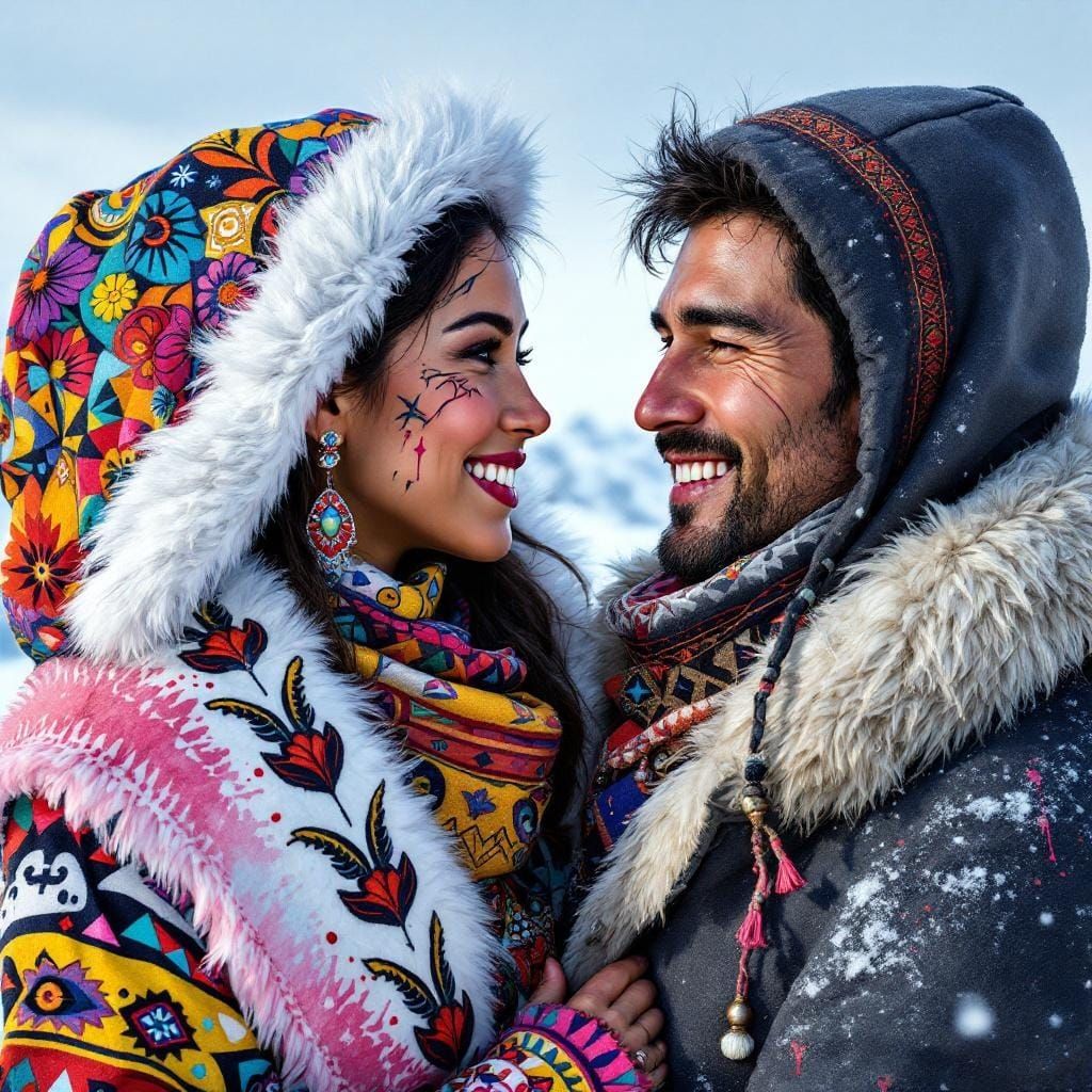 Inuit Couple Portrait in Vibrant Pop Art Style