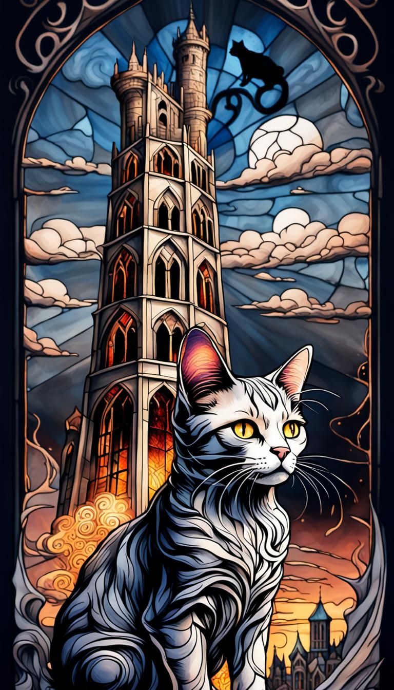 Stained Glass Etching of Burning Tower with Cat