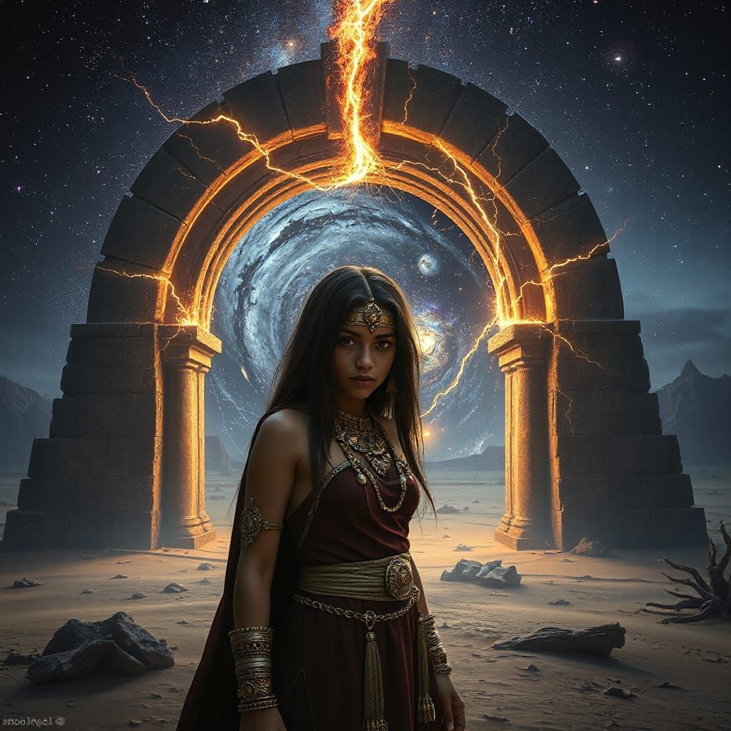 Aztec Priestess Before Cosmic Portal in Dark Fantasy Style