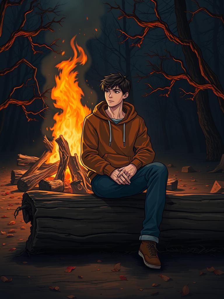 Pensive Man Beside Bonfire in Anime Style