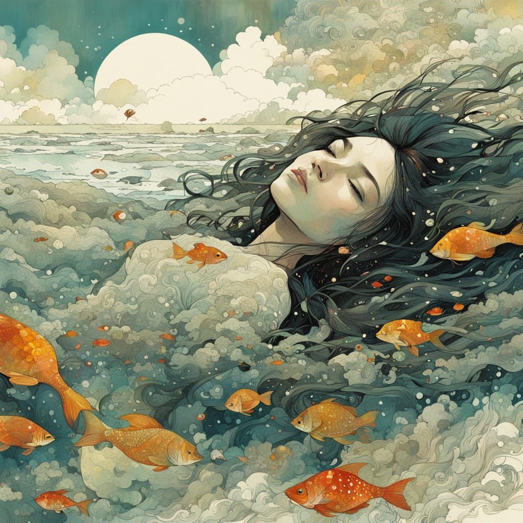 Surreal Mermaid Portrait in Hyperdetailed Maximalist Style