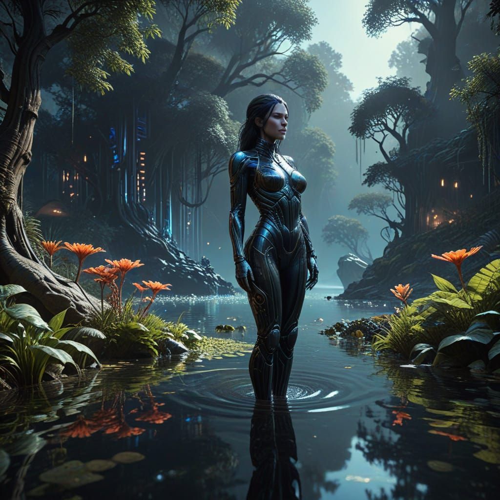 Starry Night Serenity: A Woman Amidst Lush Vegetation and Tr...