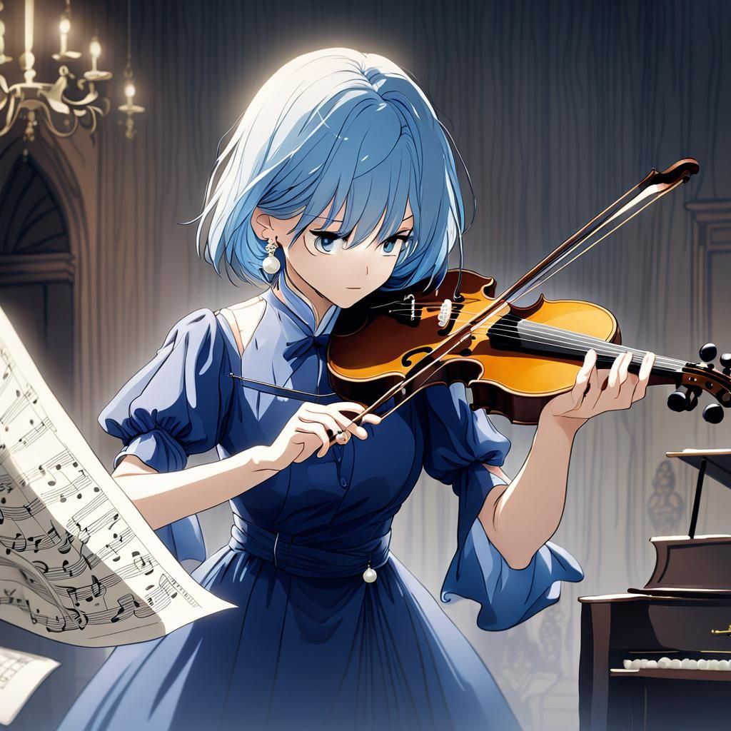 Anime Girl Plays Violin at Home