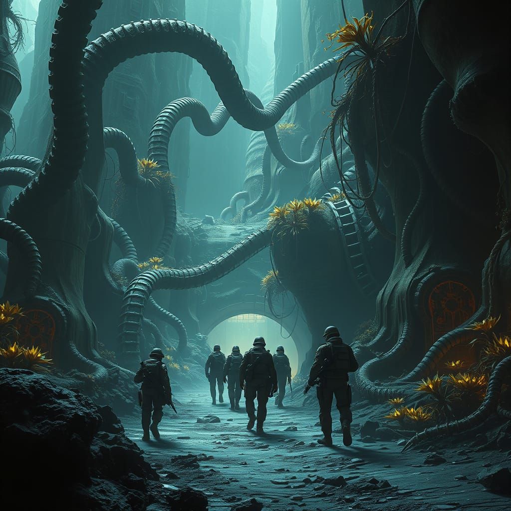 Alien Planet Soldiers Explore Abandoned Mining Facility